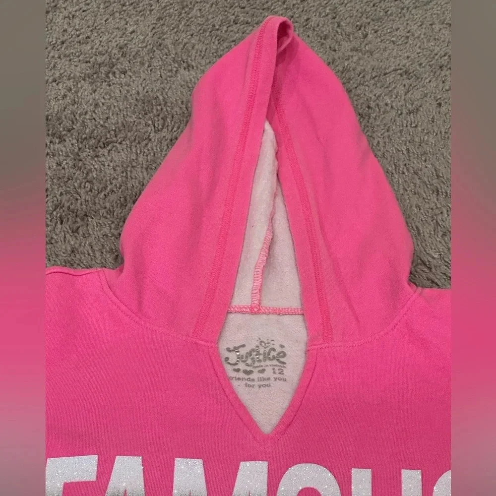 Justice Pink Famous Hooded Long Sleeve Top Y2K Barbiecore Logo Girls 12